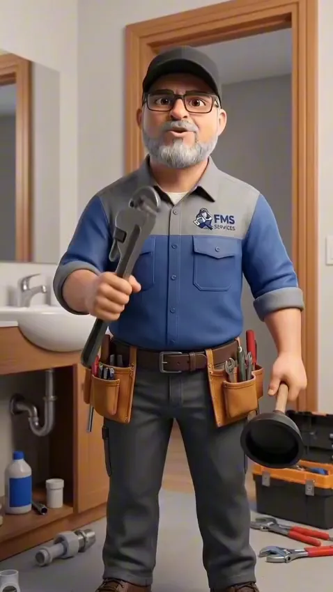 Mascote do Fausto com chave de grifo e desentupidor em um banheiro
