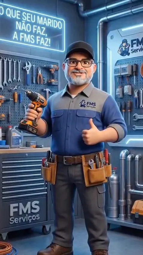 Mascote do Fausto em 3D, de uniforme da FMS Serviços, segurando uma furadeira na oficina