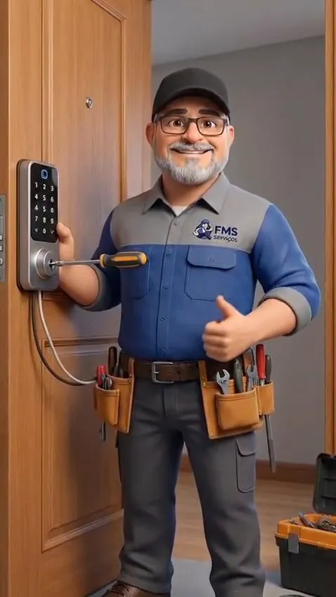 Mascote do Fausto instalando uma fechadura digital em uma porta de madeira