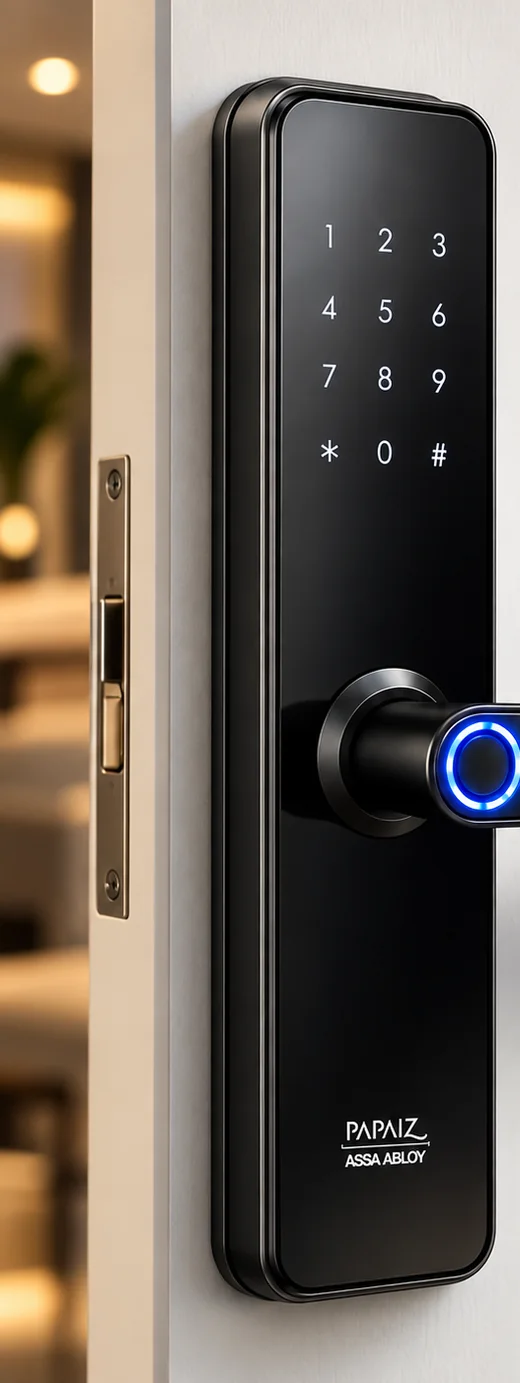 Fechadura biométrica Papaiz Fit Lock preta, com teclado numérico e leitor de digital azul na maçaneta