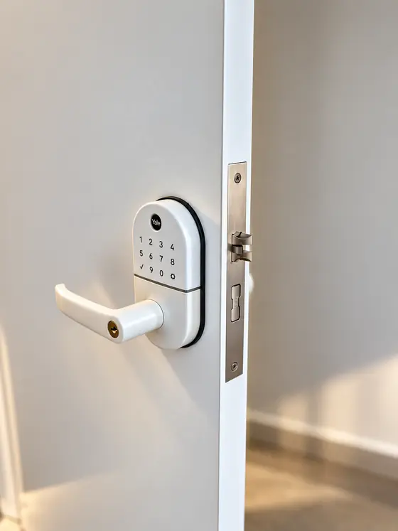 Fechadura digital Yale branca com maçaneta em porta branca de apartamento